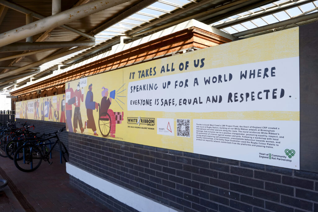 Picture of the new White Ribbon campaign mural at Rugby Railway station for Avanti West Coast - Warwickshire
