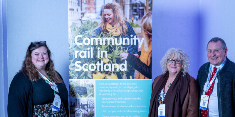 Website hero 222 (1600 x 700) Community rail in Scotland, photo of people stood by a banner
